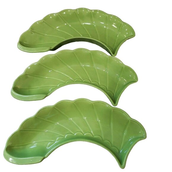 MCM Sylvan Ceramics Green Relish Tray Dip Divided 3 Piece Set USA No 370 Vintage - Picture 3 of 6